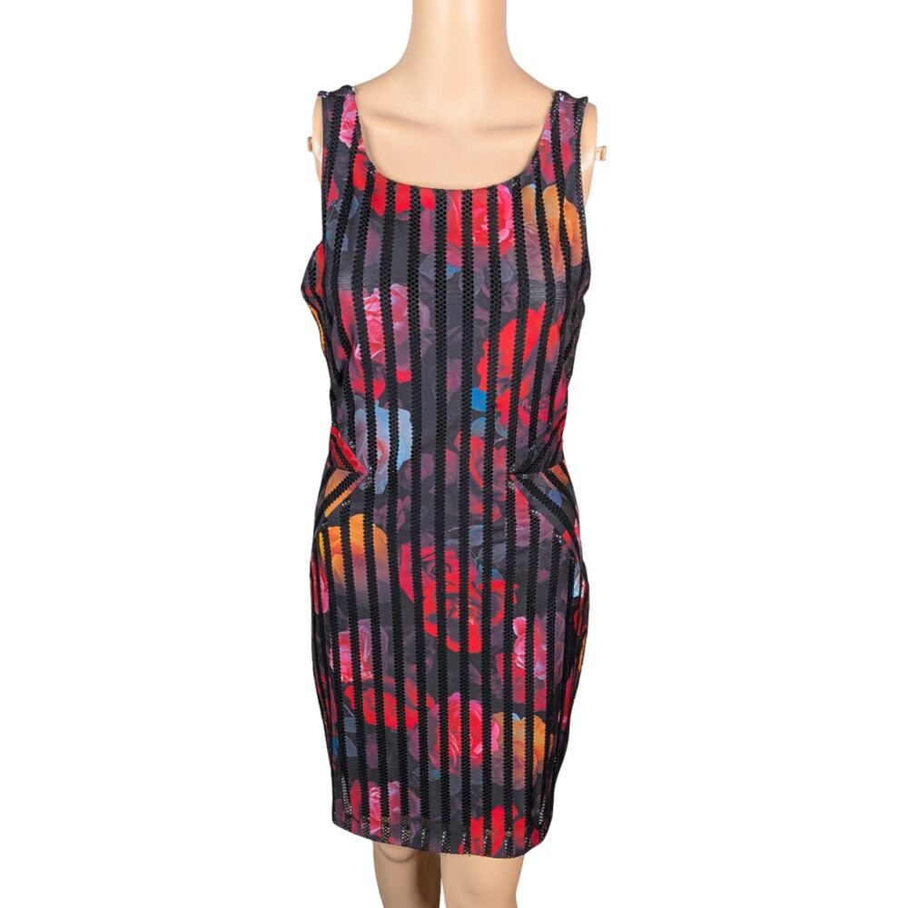 Guess Spanish Rose Floral Mesh Bodycon Dress S Black Lace Stripe Mini - Picture 4 of 12